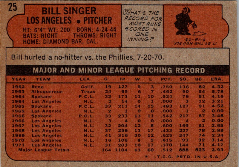 1972 Topps Bill Singer