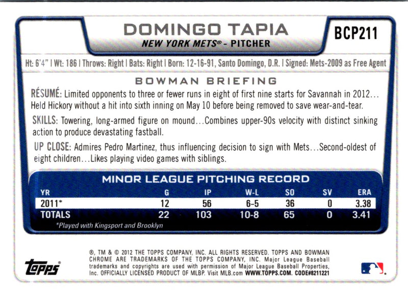 2012 Bowman Chrome Prospects Domingo Tapia