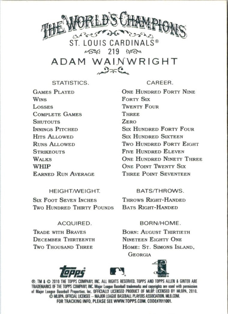2010 Topps Allen & Ginter Adam Wainwright