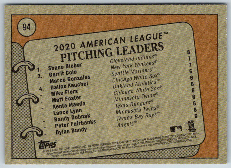 2021 Topps Heritage 2020 AL Pitching Leaders - Gerrit Cole/Marco Gonzales/Shane Bieber LL