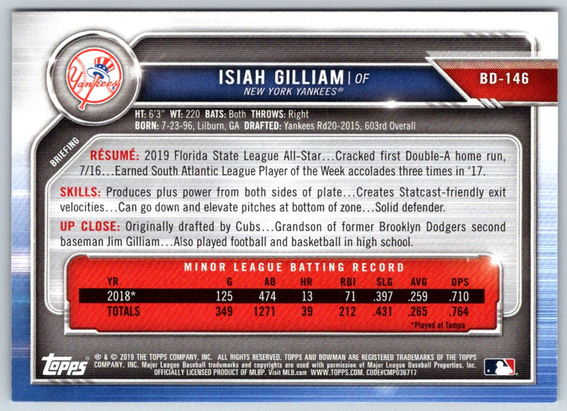 2019 Bowman Draft Isiah Gilliam