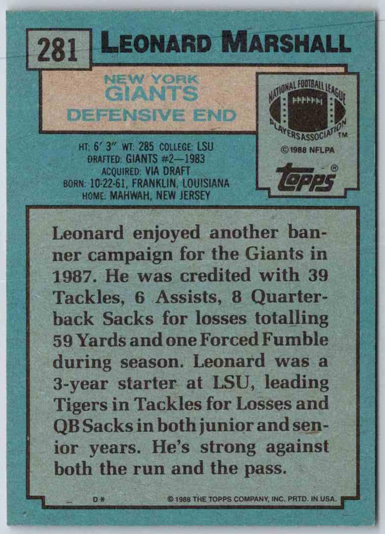 1988 Topps Leonard Marshall