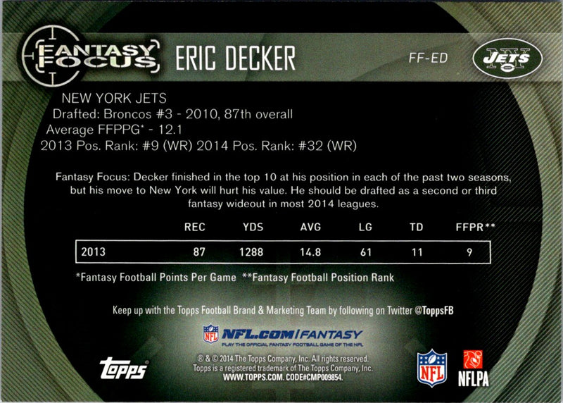 2014 Topps Fantasy Focus Eric Decker