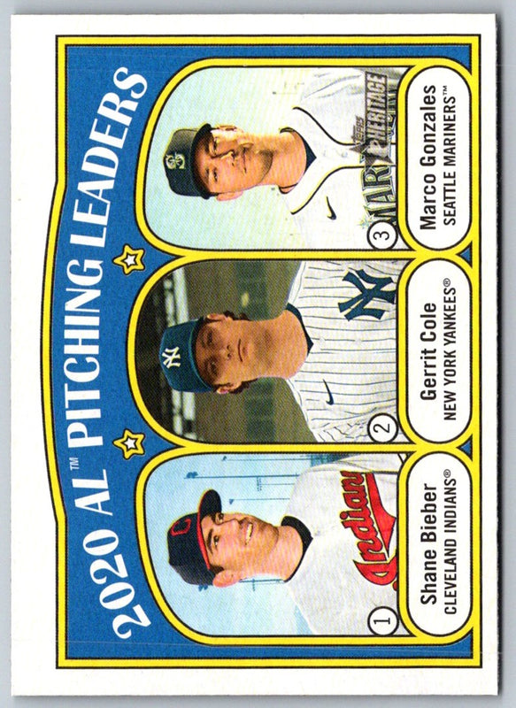 2021 Topps Heritage 2020 AL Pitching Leaders - Gerrit Cole/Marco Gonzales/Shane Bieber LL #94