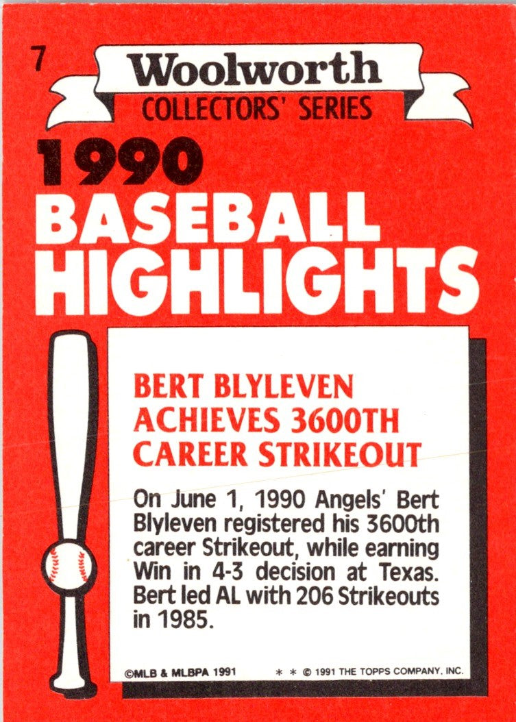 1991 Topps Woolworth Baseball Highlights Bert Blyleven