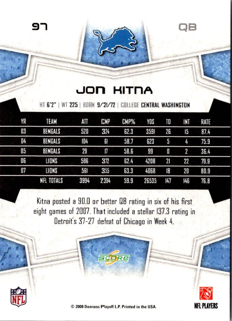 2008 Score Super Bowl XLIII Jon Kitna