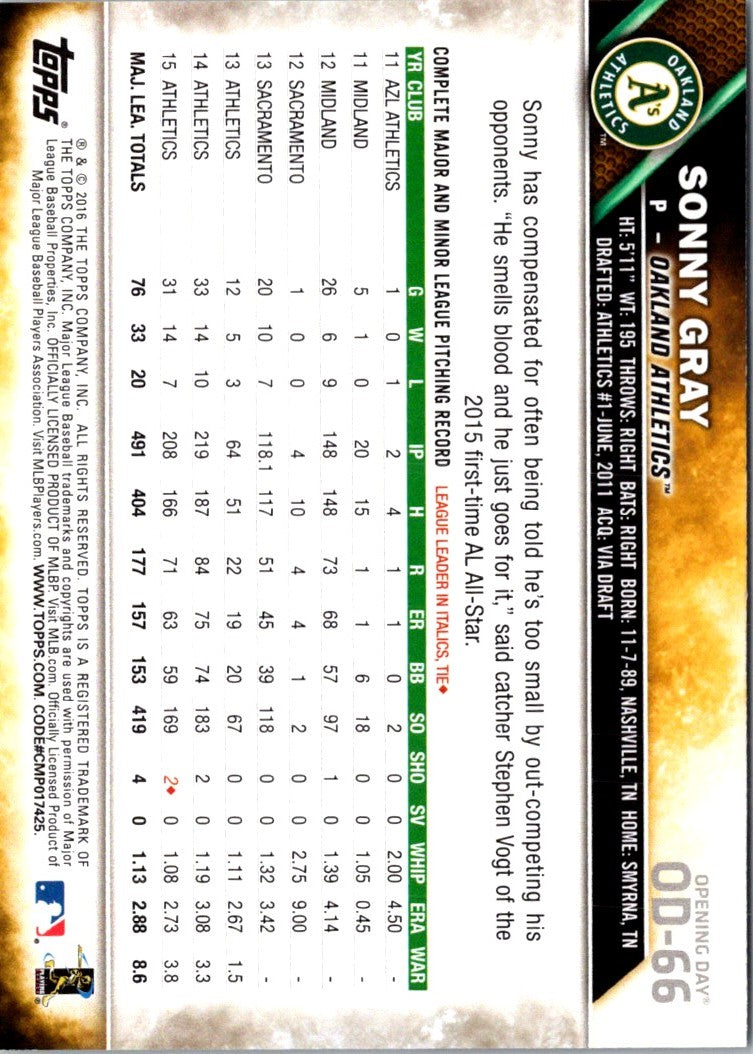 2016 Topps Opening Day Sonny Gray