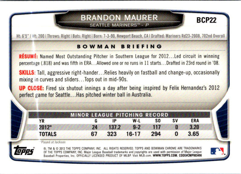 2013 Bowman Chrome Prospects Brandon Maurer