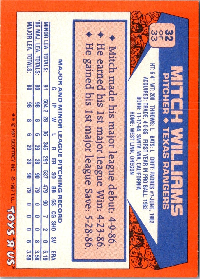 1987 Topps Toys'R'Us Rookies Mitch Williams