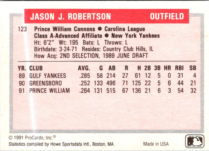 1991 Classic Best Prince William Cannons Jason Robertson
