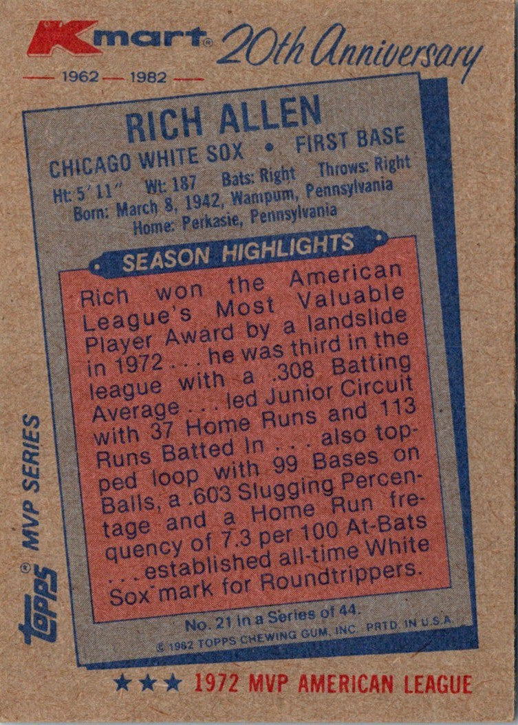 1982 Topps Kmart 20th Anniversary Rich Allen