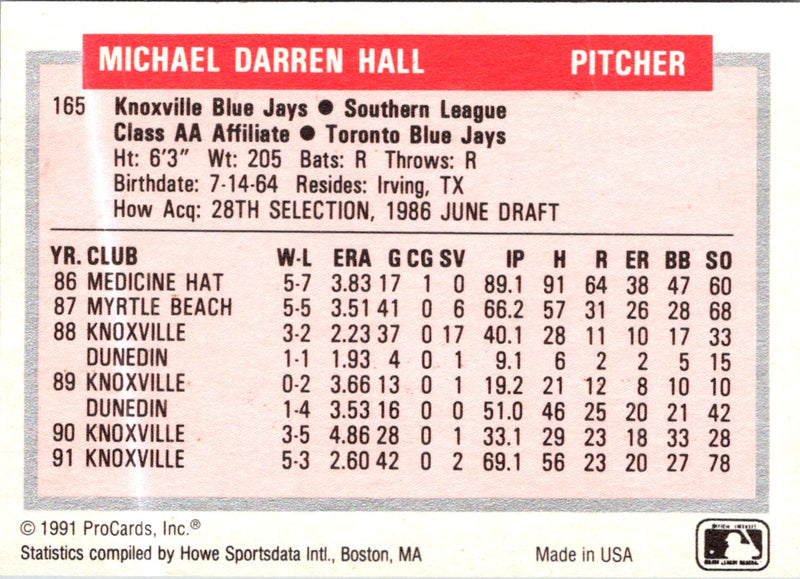 1991 ProCards Tomorrow's Heroes Darren Hall