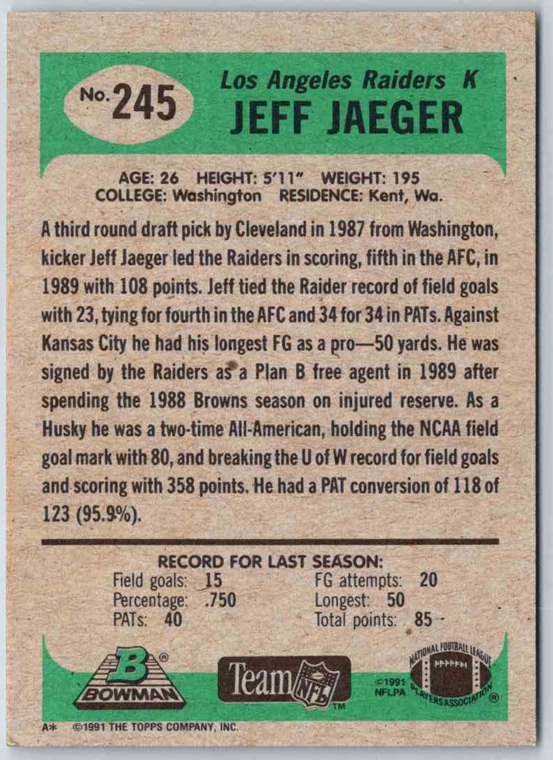 1991 Bowman Football Jeff Jaeger