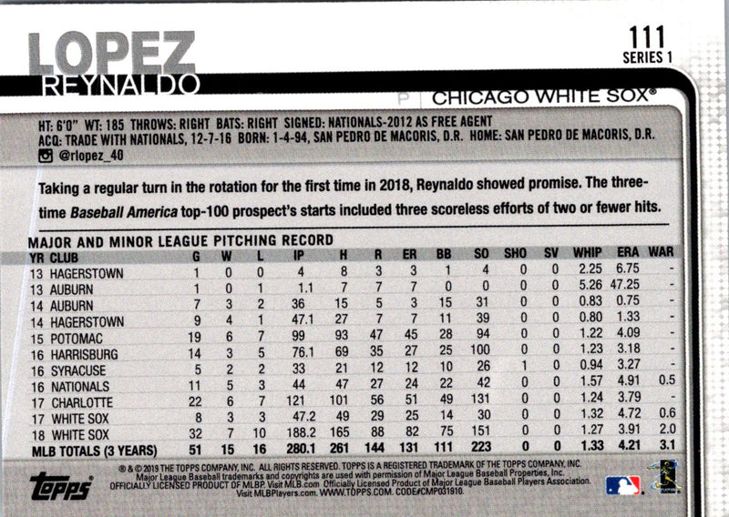 2019 Topps Reynaldo Lopez