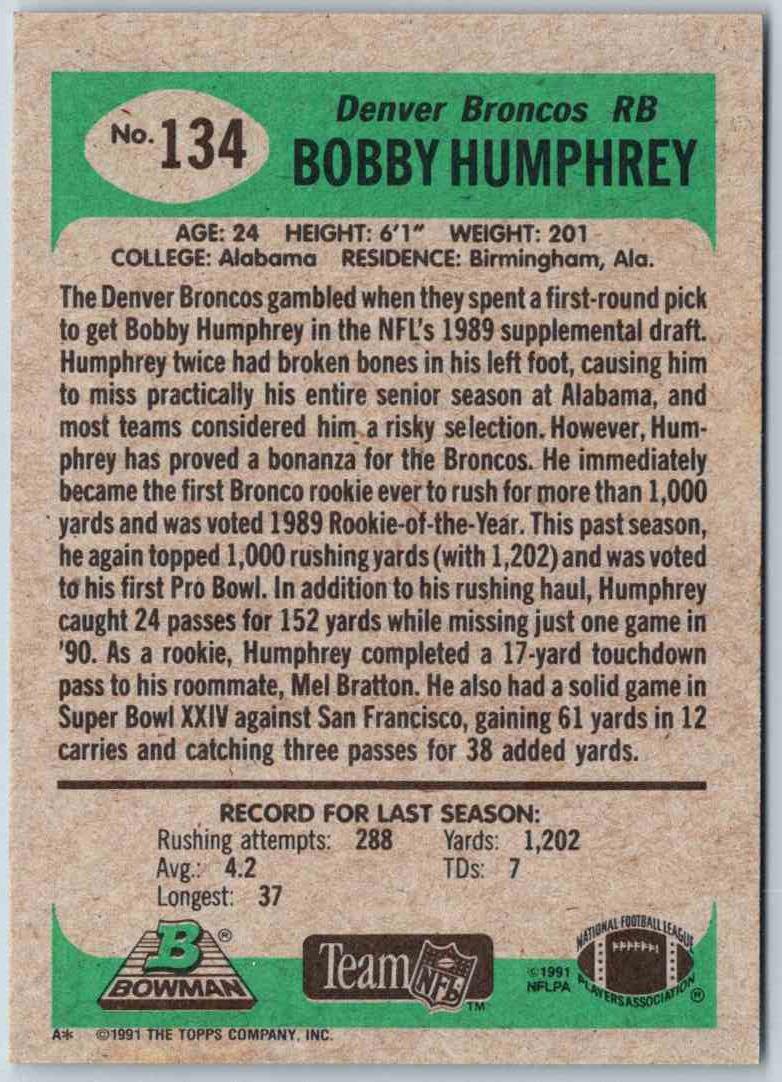 1991 Bowman Football Bobby Humphrey