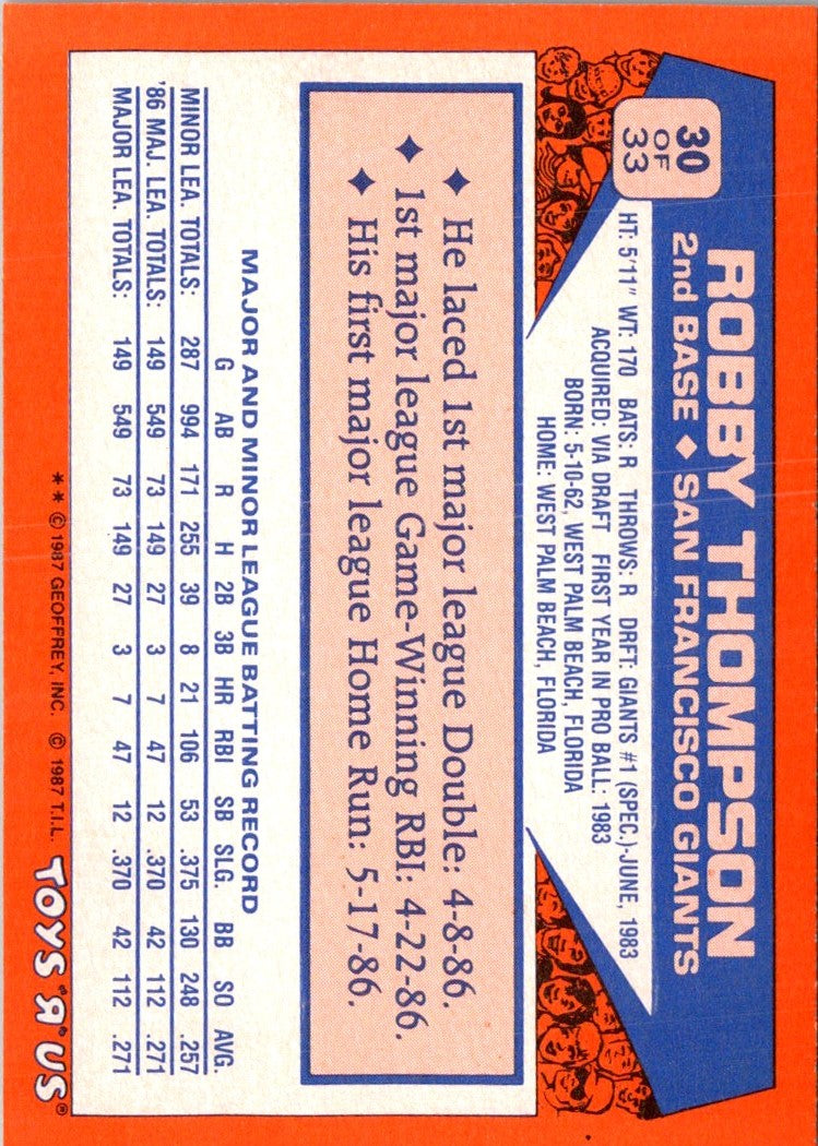 1987 Topps Toys'R'Us Rookies Robby Thompson