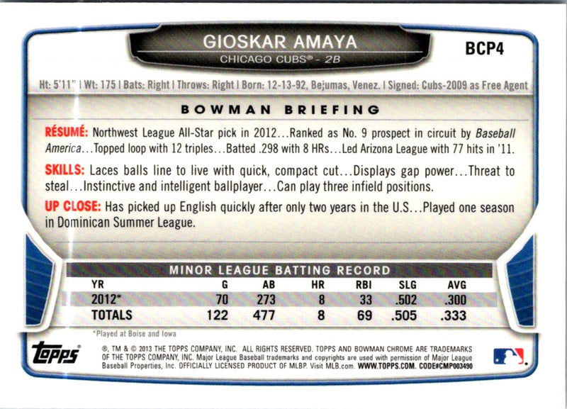 2013 Bowman Chrome Prospects Gioskar Amaya