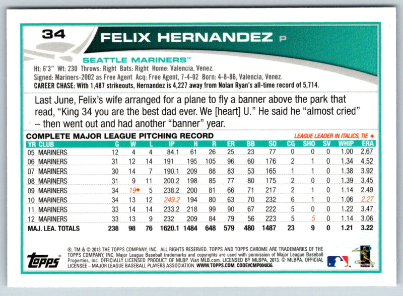 2013 Topps Chrome Orange Refractors Felix Hernandez