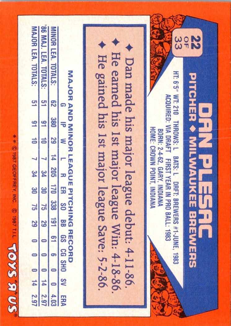 1987 Topps Toys'R'Us Rookies Dan Plesac