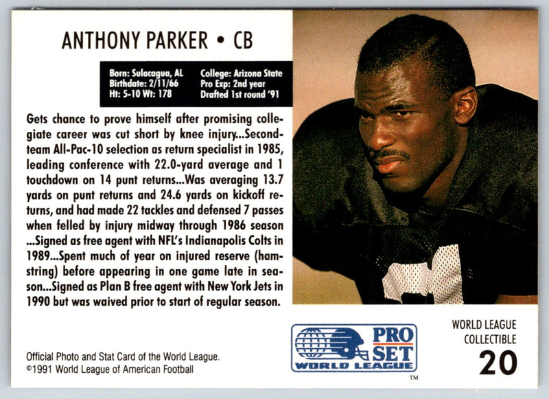 1991 Pro Set WLAF World Bowl Combo Anthony Parker