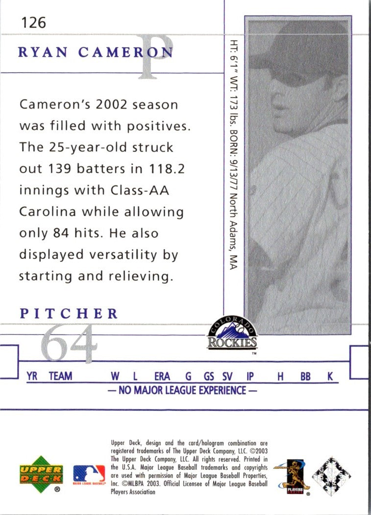 2003 Upper Deck Game Face Ryan Cameron