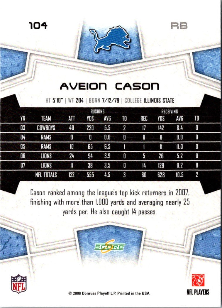 2008 Score Super Bowl XLIII Aveion Cason