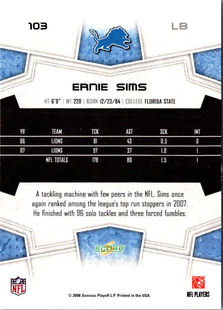 2008 Score Super Bowl XLIII Ernie Sims