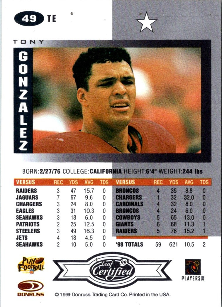 1999 Leaf Certified Tony Gonzalez