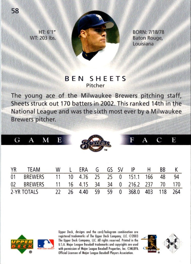 2003 Upper Deck Game Face Ben Sheets