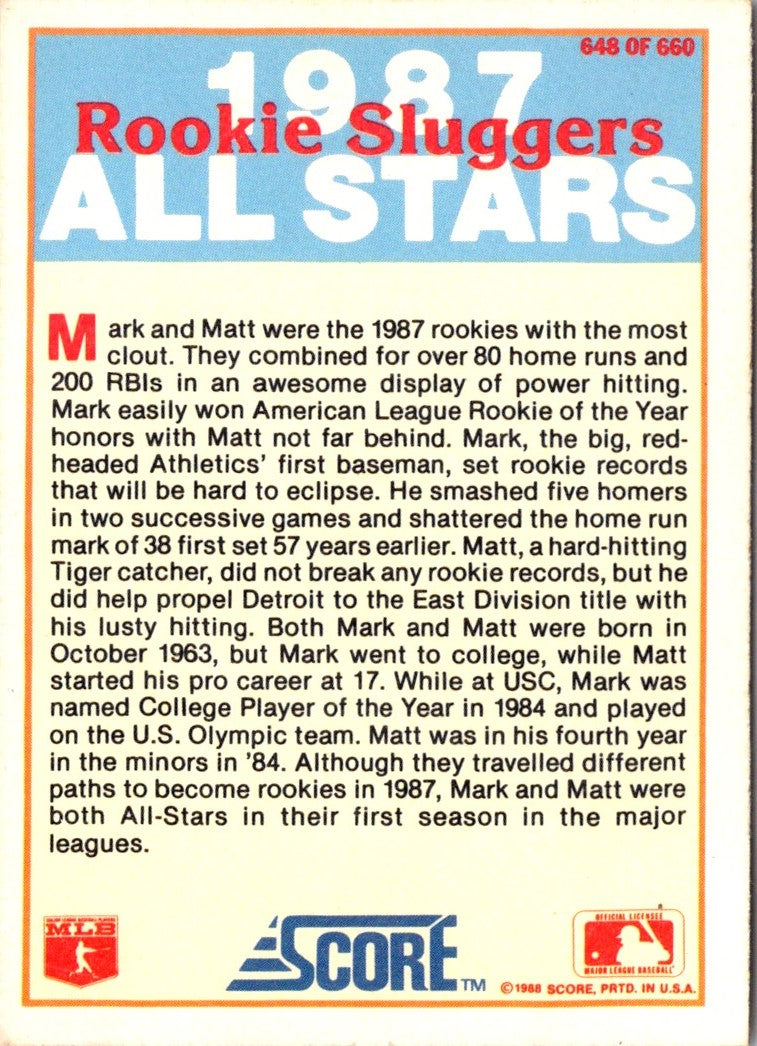1988 Score Rookie Sluggers (Mark McGwire/Matt Nokes)
