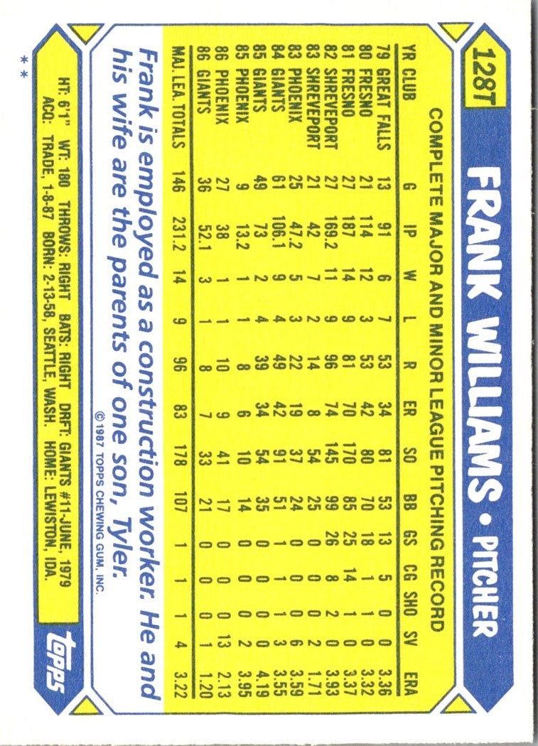 1987 Topps Traded Frank Williams