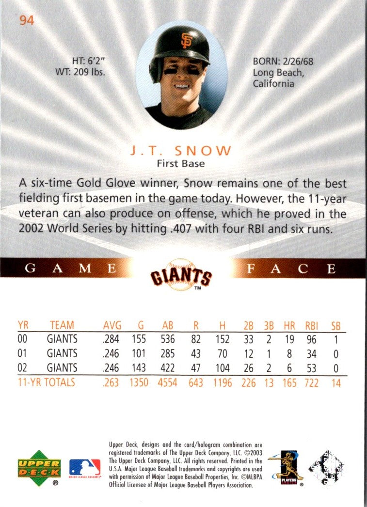 2003 Upper Deck Game Face J.T. Snow