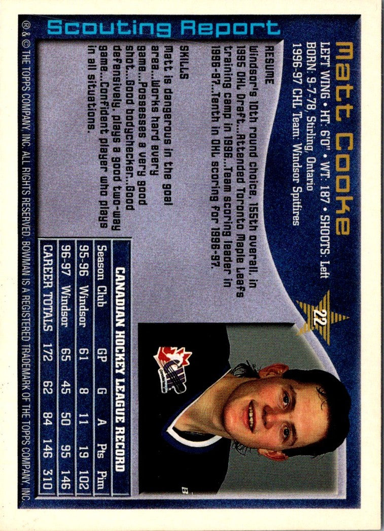 1997 Bowman CHL Matt Cooke