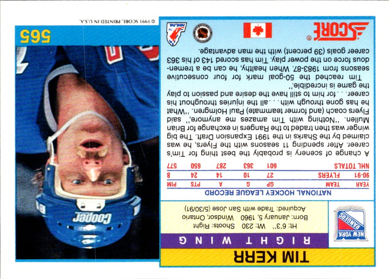 1991 Score Canadian Bilingual Tim Kerr