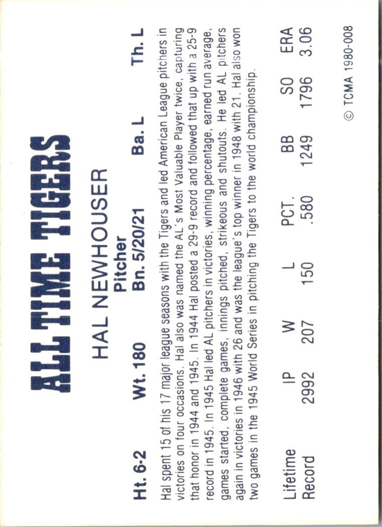 1980 TCMA All Time Detroit Tigers Hal Newhouser