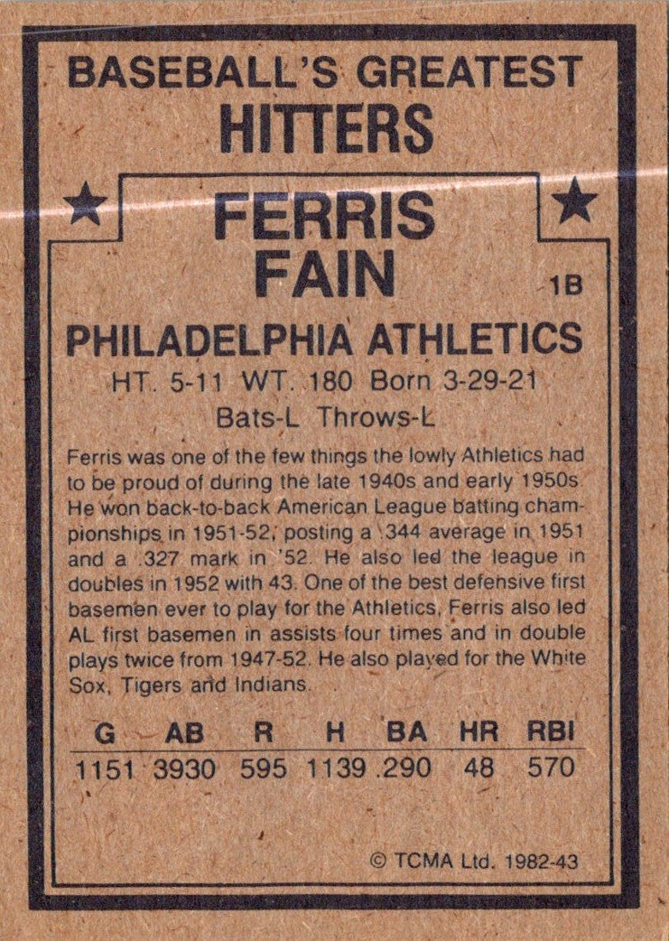 1982 TCMA Baseball's Greatest Hitters Ferris Fain