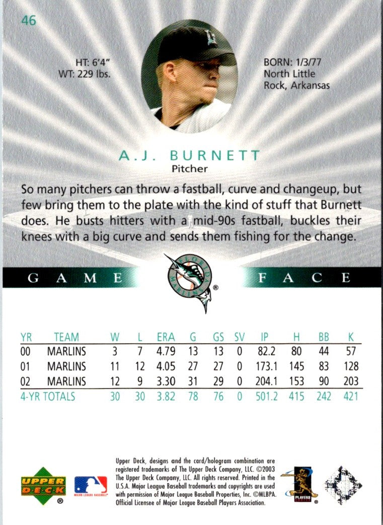 2003 Upper Deck Game Face A.J. Burnett