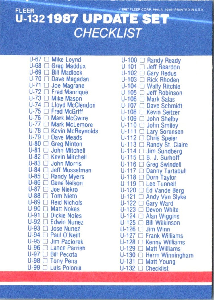 1987 Fleer Update Glossy Checklist 1-132