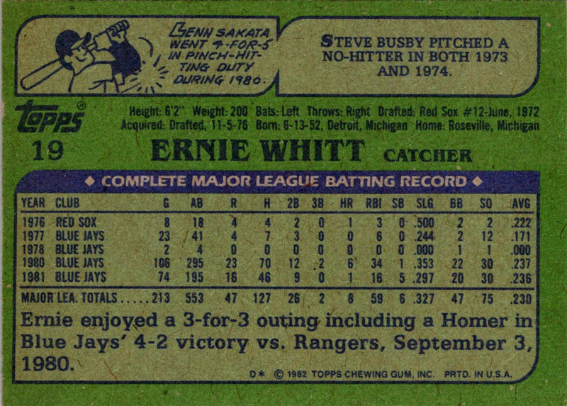 1982 Topps Ernie Whitt