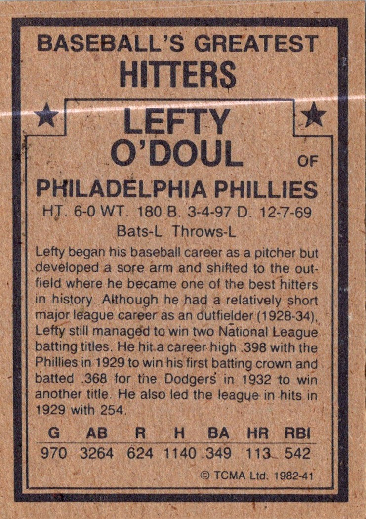 1982 TCMA Baseball's Greatest Hitters Lefty O'Doul