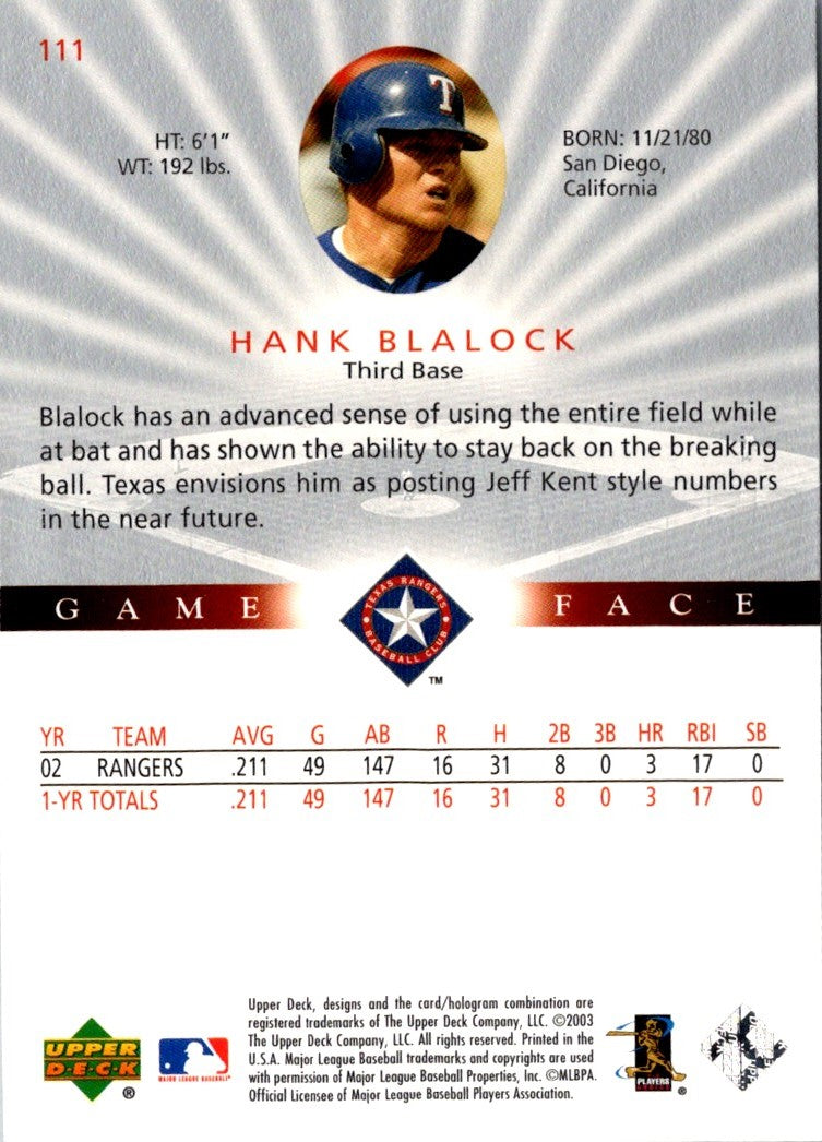 2003 Upper Deck Game Face Hank Blalock