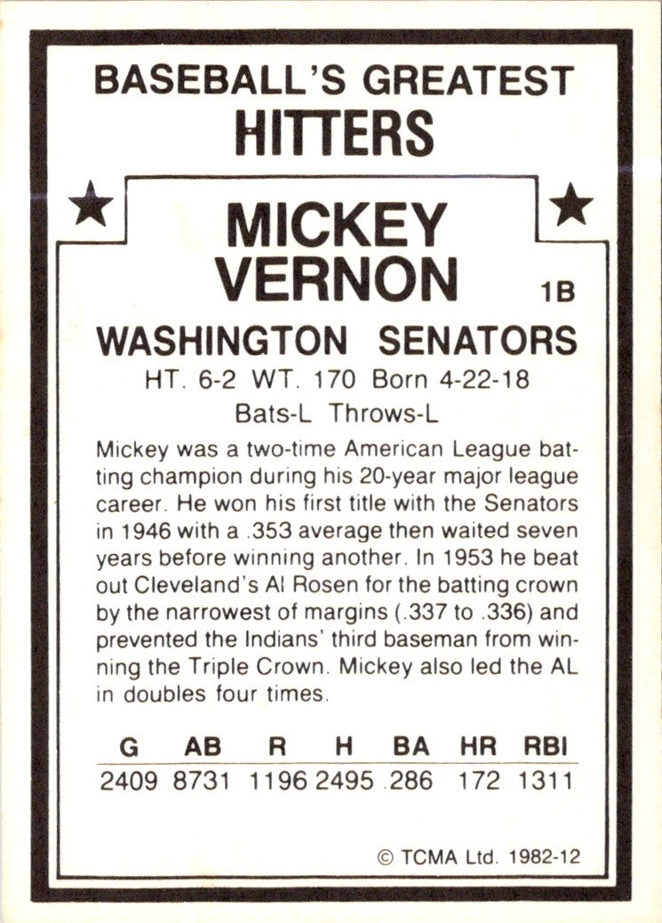 1987 TCMA 1982 Greatest Hitters Mickey Vernon