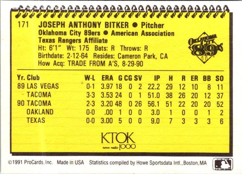 1991 ProCards Joe Bitker