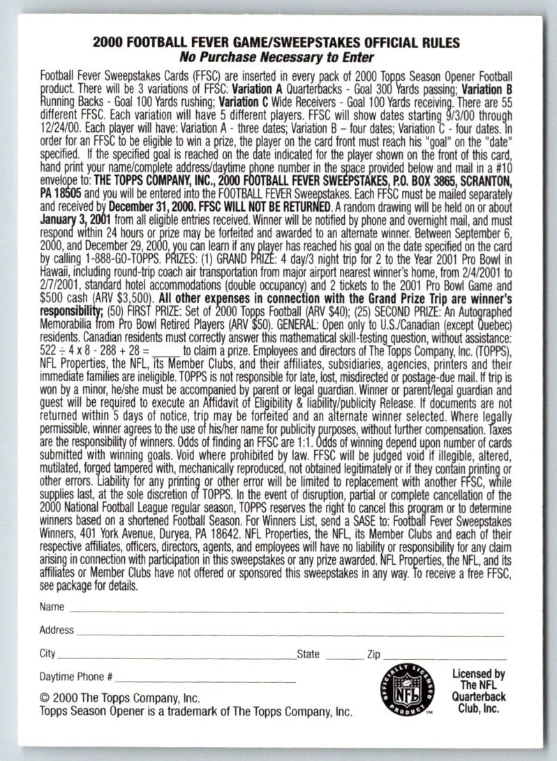 2000 Topps Season Opener Football Fever Peyton Manning