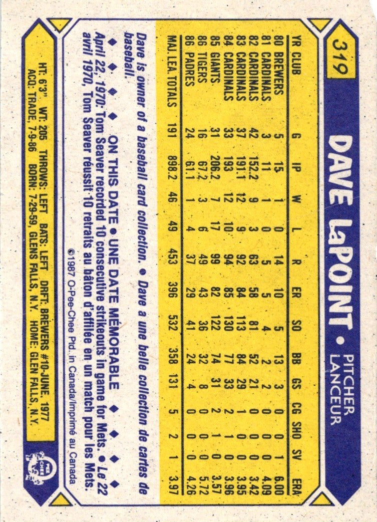 1987 O-Pee-Chee Dave LaPoint