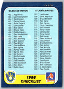 1986 Fleer Checklist: Brewers/Braves/Giants/Rangers