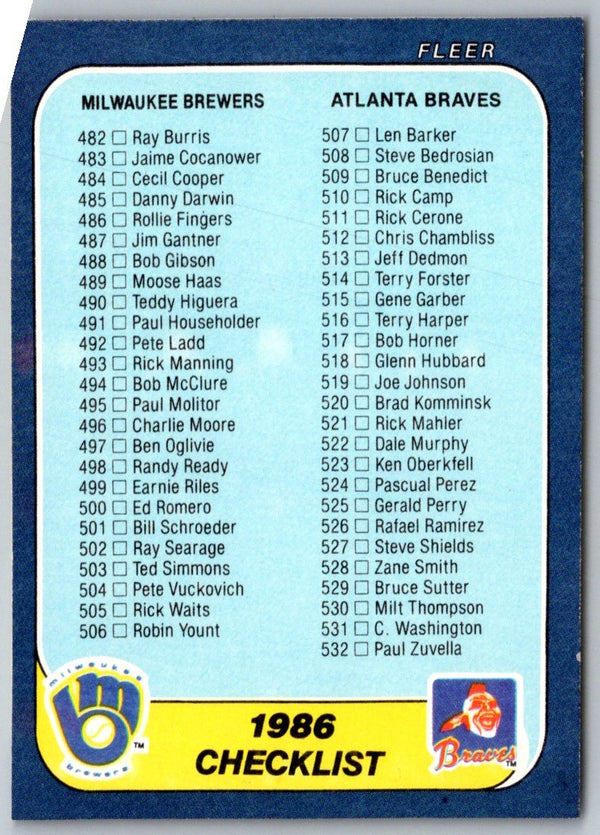 1986 Fleer Checklist: Brewers/Braves/Giants/Rangers #659
