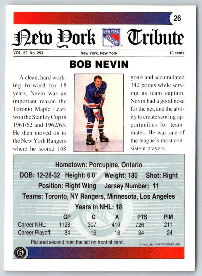 1991 Ultimate Original 6 Bob Nevin