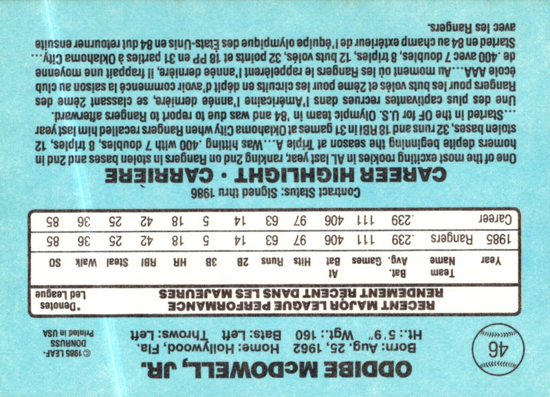 1986 Leaf Oddibe McDowell