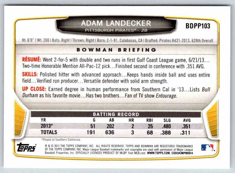 2013 Bowman Adam Landecker